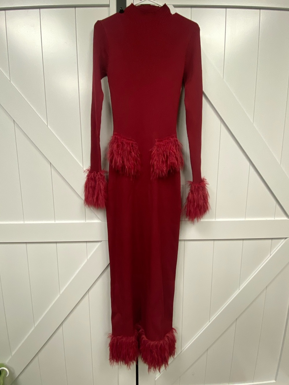 Faux-Fur Cuff & Hem Long Sleeve Knit Dress